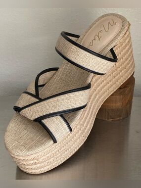 NEW MATISSE LINEN BRAIDED JUTE PLATFORM WEDGE SANDALS WITH BLACK TRIM